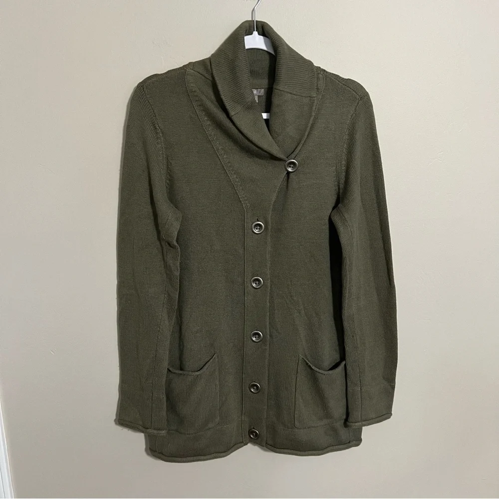 J Jill Angora Blend Shawl Collar Button Front Olive Green Cardigan size small